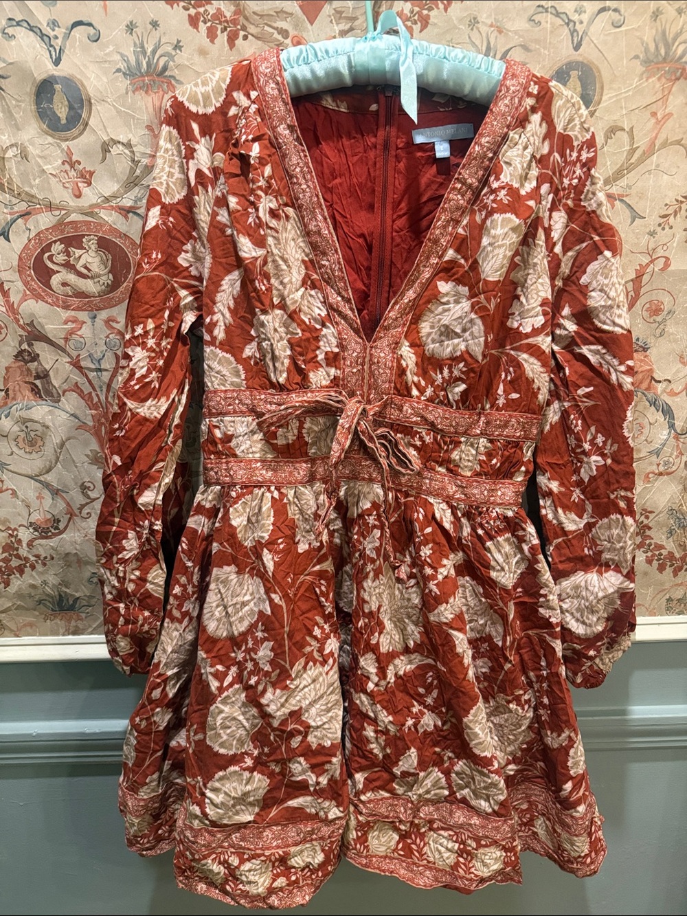 ANTONIO MELANI Rust and Cream Floral Long Sleeve Mini Dress